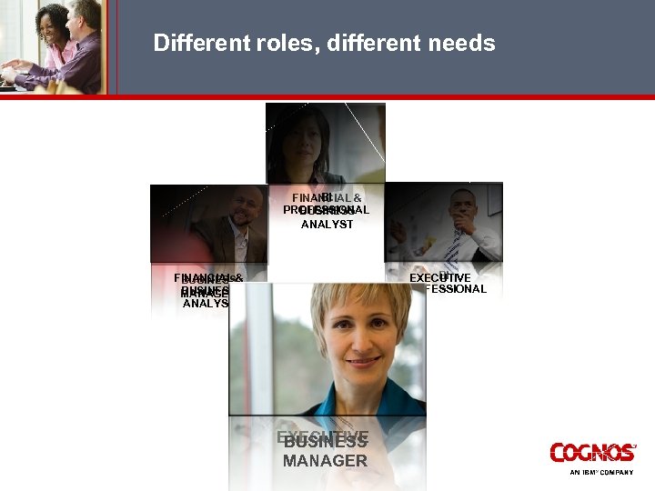 Different roles, different needs BI FINANCIAL & PROFESSIONAL BUSINESS ANALYST BI EXECUTIVE PROFESSIONAL FINANCIAL