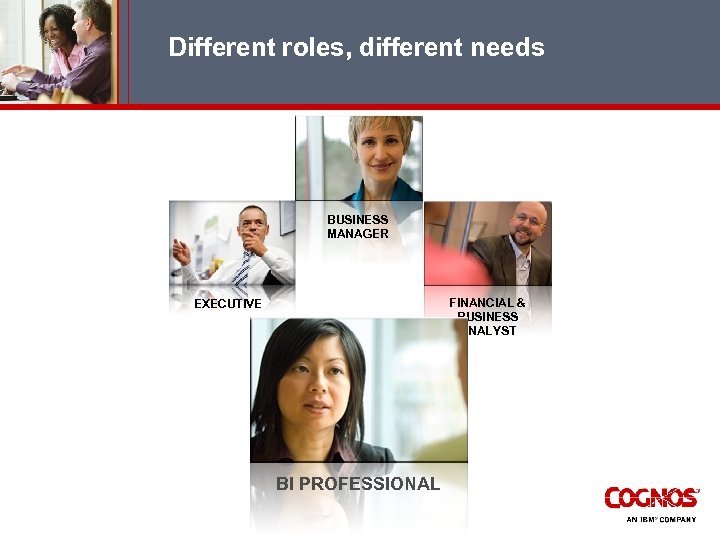 Different roles, different needs BUSINESS MANAGER FINANCIAL & BUSINESS ANALYST EXECUTIVE BI PROFESSIONAL 