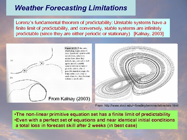 Weather Forecasting Limitations Lorenz’s fundamental theorem of predictability: Unstable systems have a finite limit