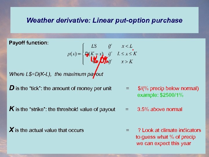 Weather derivative: Linear put-option purchase Payoff function: Where L$=D(K-L), the maximum payout D is