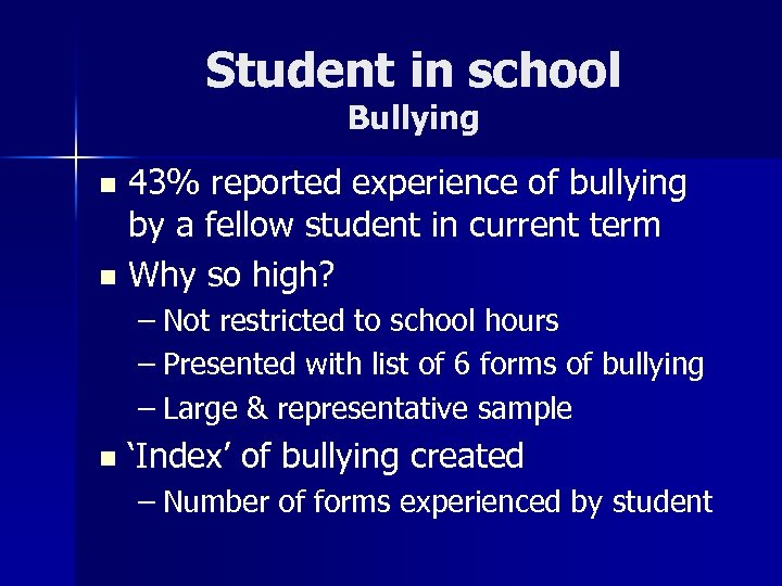 Student in school Bullying 43% reported experience of bullying by a fellow student in