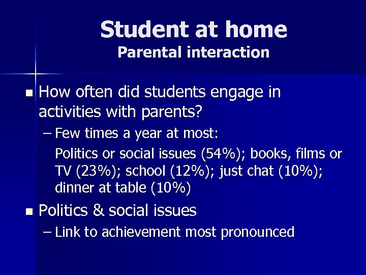 Student at home Parental interaction n How often did students engage in activities with