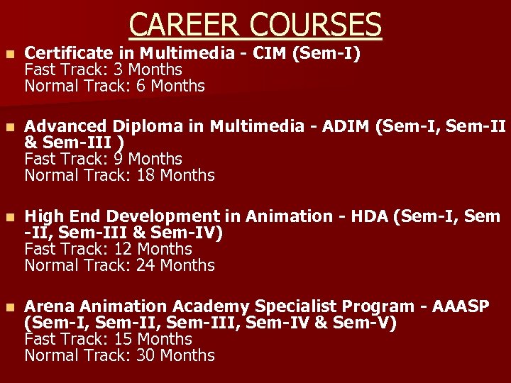 CAREER COURSES n Certificate in Multimedia - CIM (Sem-I) Fast Track: 3 Months Normal