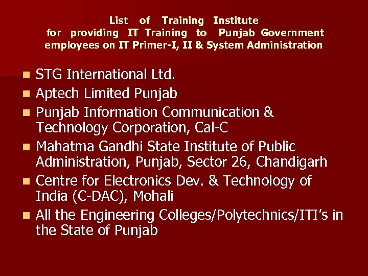 List of Training Institute for providing IT Training to Punjab Government employees on IT