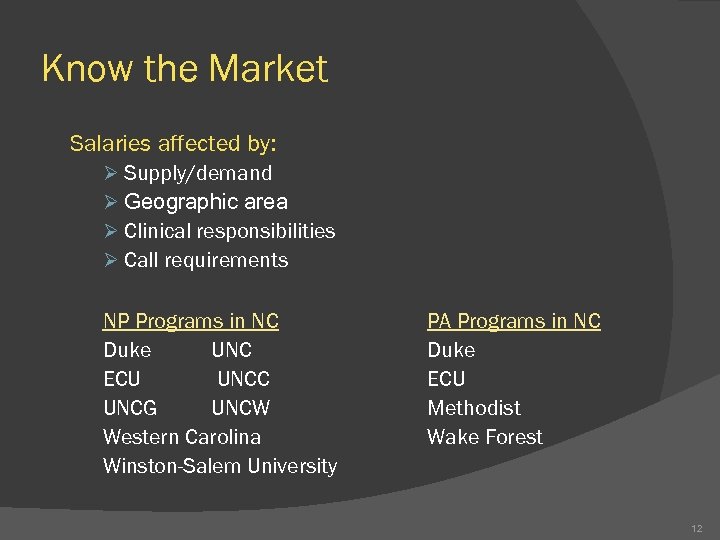 Know the Market Salaries affected by: Ø Supply/demand Ø Geographic area Ø Clinical responsibilities