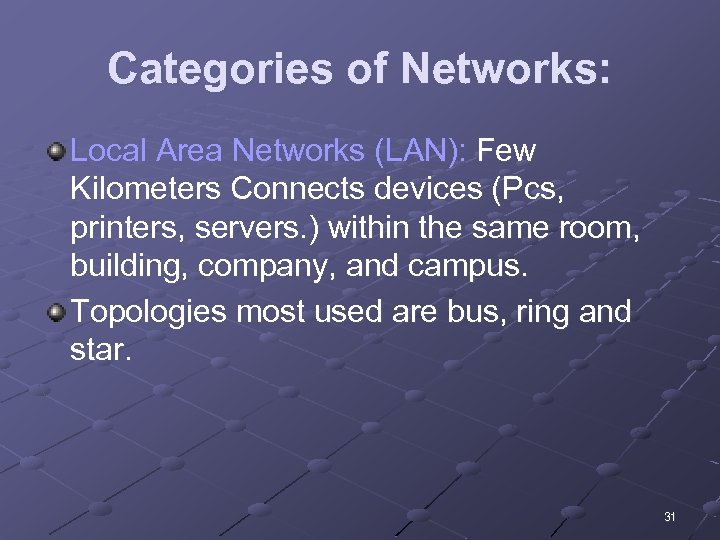 Categories of Networks: Local Area Networks (LAN): Few Kilometers Connects devices (Pcs, printers, servers.