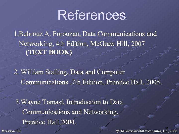 References 1. Behrouz A. Forouzan, Data Communications and Networking, 4 th Edition, Mc. Graw