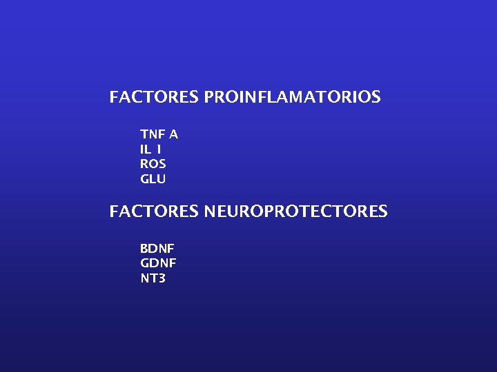 FACTORES PROINFLAMATORIOS TNF A IL 1 ROS GLU FACTORES NEUROPROTECTORES BDNF GDNF NT 3