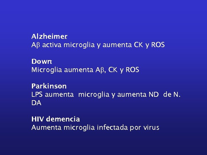 Alzheimer : Ab activa microglia y aumenta CK y ROS Down: Microglia aumenta Ab,