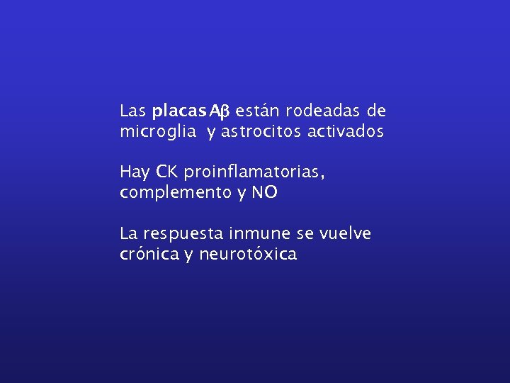 Las placas Ab están rodeadas de microglia y astrocitos activados Hay CK proinflamatorias, complemento