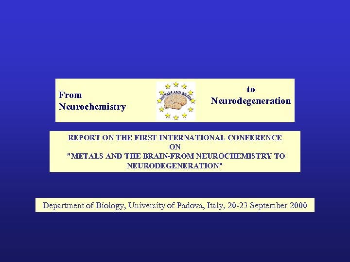 From Neurochemistry to Neurodegeneration REPORT ON THE FIRST INTERNATIONAL CONFERENCE ON "METALS AND THE