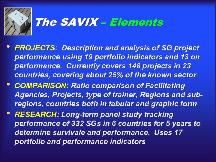 The SAVIX – Elements • • • PROJECTS: Description and analysis of SG project