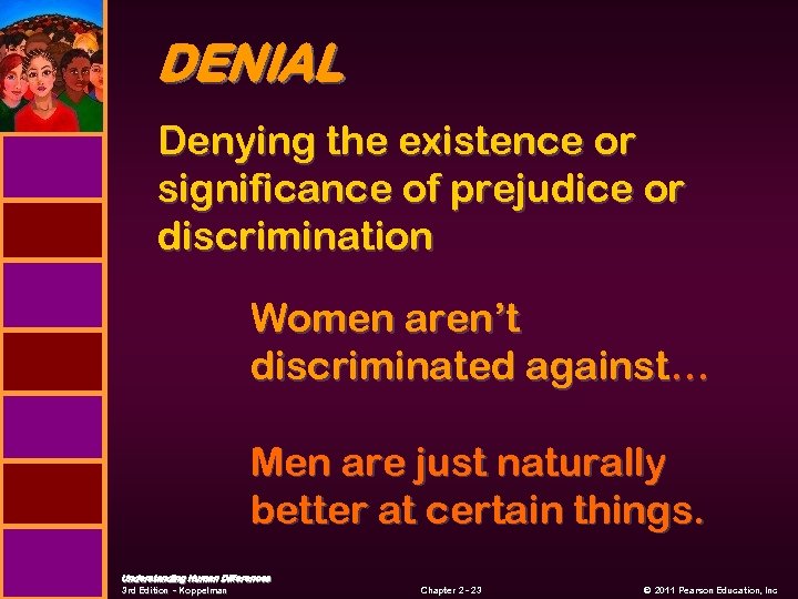 DENIAL Denying the existence or significance of prejudice or discrimination Women aren’t discriminated against…