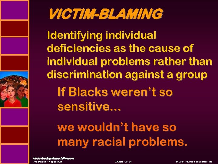 VICTIM-BLAMING Identifying individual deficiencies as the cause of individual problems rather than discrimination against