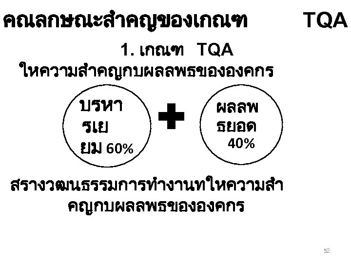 คณลกษณะสำคญของเกณฑ TQA 1. เกณฑ TQA ใหความสำคญกบผลลพธขององคกร บรหา รเย ยม 60% ผลลพ ธยอด 40% สรางวฒนธรรมการทำงานทใหความสำ