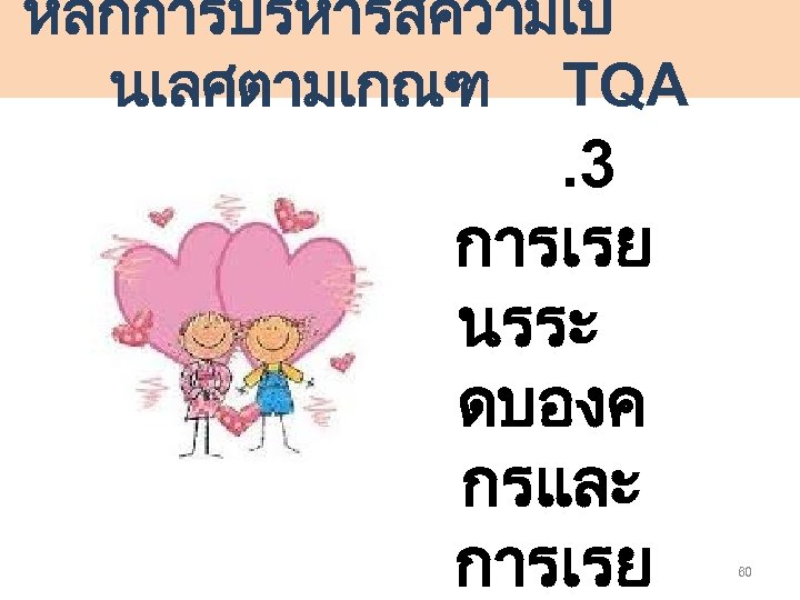 หลกการบรหารสความเป นเลศตามเกณฑ TQA . 3 การเรย นรระ ดบองค กรและ การเรย 60 