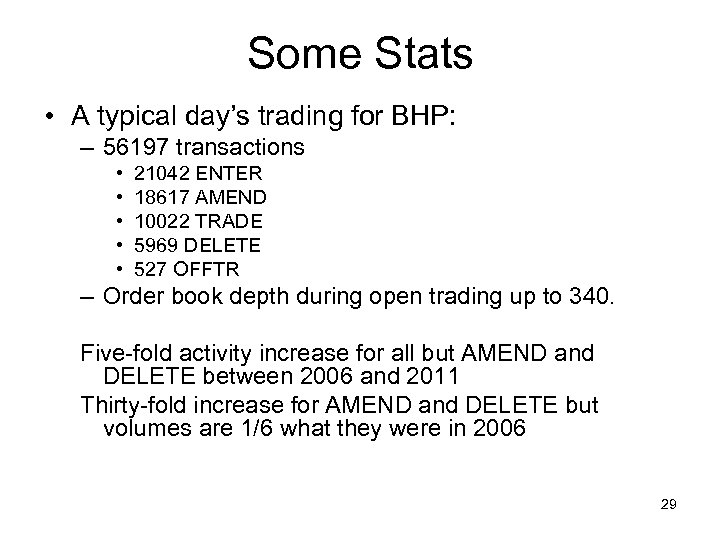 Some Stats • A typical day’s trading for BHP: – 56197 transactions • •