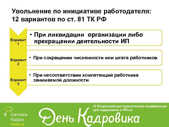 Увольнение по инициативе работодателя: 12 вариантов по ст. 81 ТК РФ Вариант 1 Вариант