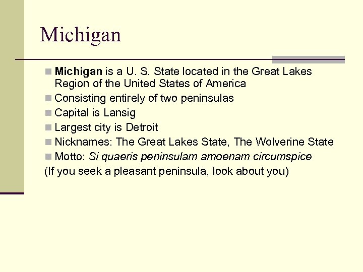 Michigan n Michigan is a U. S. State located in the Great Lakes Region