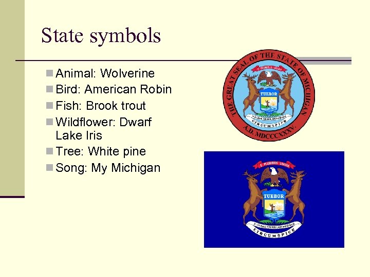State symbols n Animal: Wolverine n Bird: American Robin n Fish: Brook trout n
