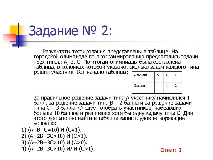 Задание № 2: Результаты тестирования представлены в таблице: На городской олимпиаде по программированию предлагались