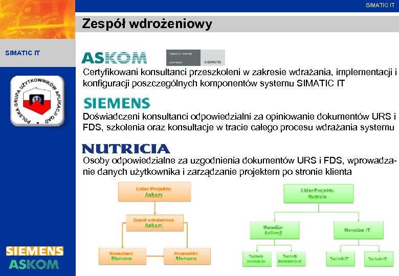 SIMATIC IT Zespół wdrożeniowy SIMATIC IT Certyfikowani konsultanci przeszkoleni w zakresie wdrażania, implementacji i