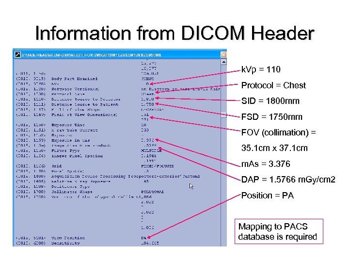 Information from DICOM Header k. Vp = 110 Protocol = Chest SID = 1800