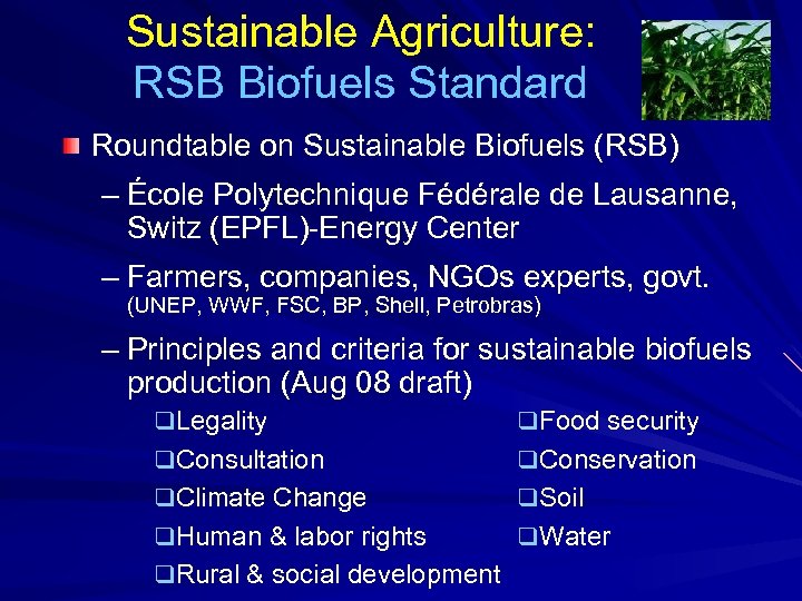 Sustainable Agriculture: RSB Biofuels Standard Roundtable on Sustainable Biofuels (RSB) – École Polytechnique Fédérale