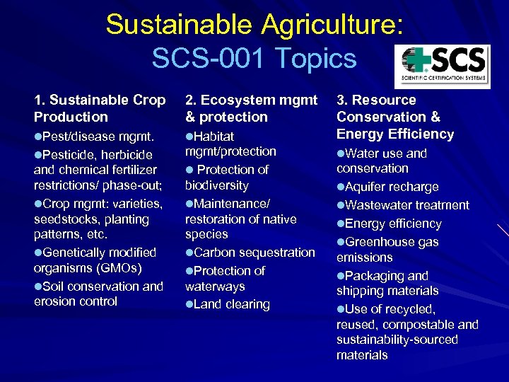 Sustainable Agriculture: SCS-001 Topics 1. Sustainable Crop Production 2. Ecosystem mgmt & protection l.