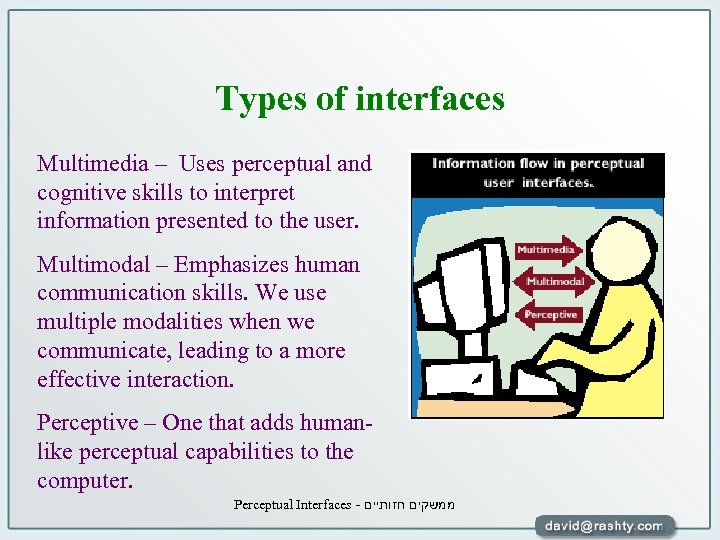 Types of interfaces Multimedia – Uses perceptual and cognitive skills to interpret information presented