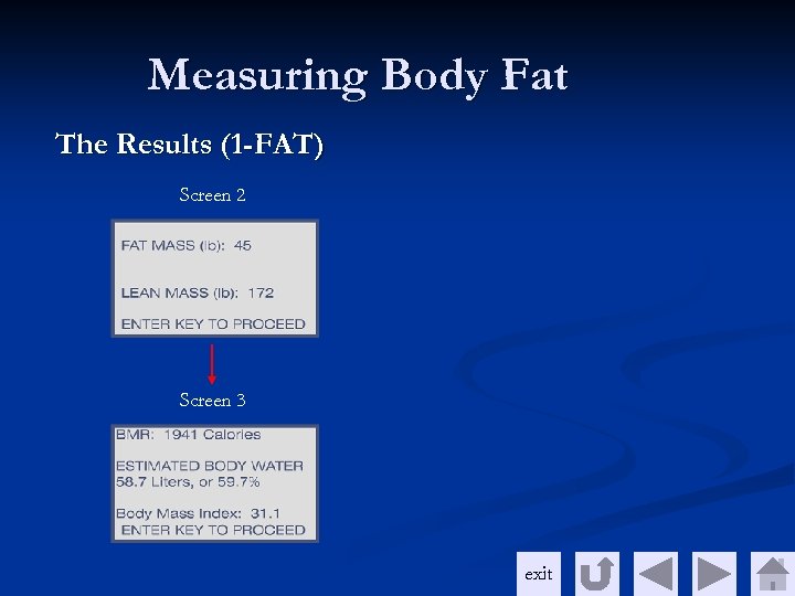 Measuring Body Fat The Results (1 -FAT) Screen 2 Screen 3 exit 