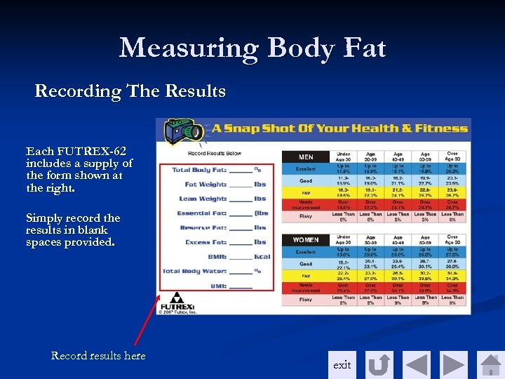 Measuring Body Fat Recording The Results Each FUTREX-62 includes a supply of the form
