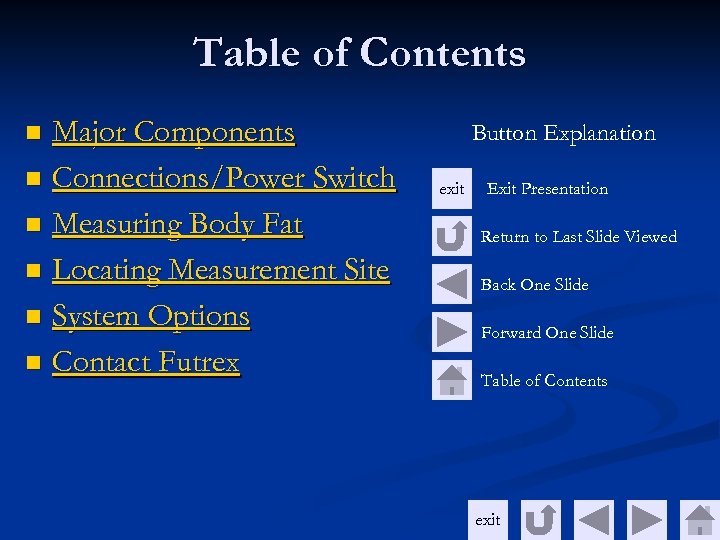 Table of Contents Major Components n Connections/Power Switch n Measuring Body Fat n Locating