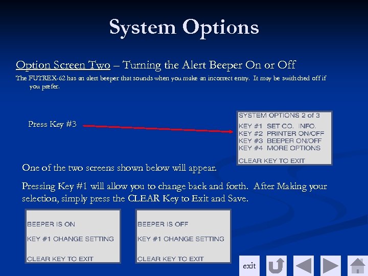 System Options Option Screen Two – Turning the Alert Beeper On or Off The