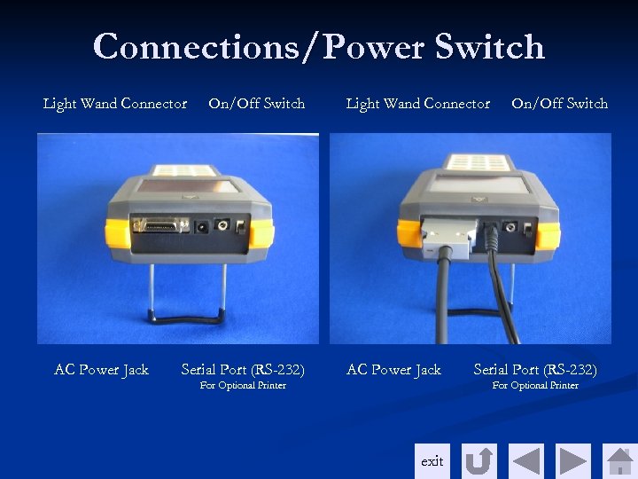 Connections/Power Switch Light Wand Connector AC Power Jack On/Off Switch Serial Port (RS-232) Light