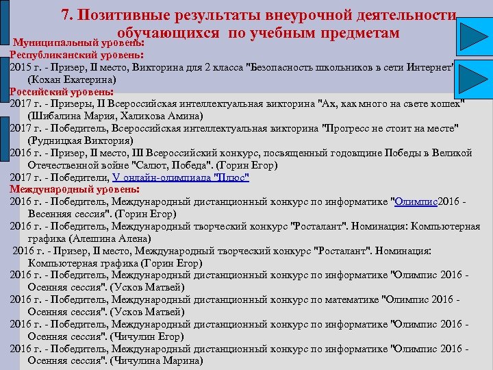 7. Позитивные результаты внеурочной деятельности обучающихся по учебным предметам Муниципальный уровень: Республиканский уровень: 2015