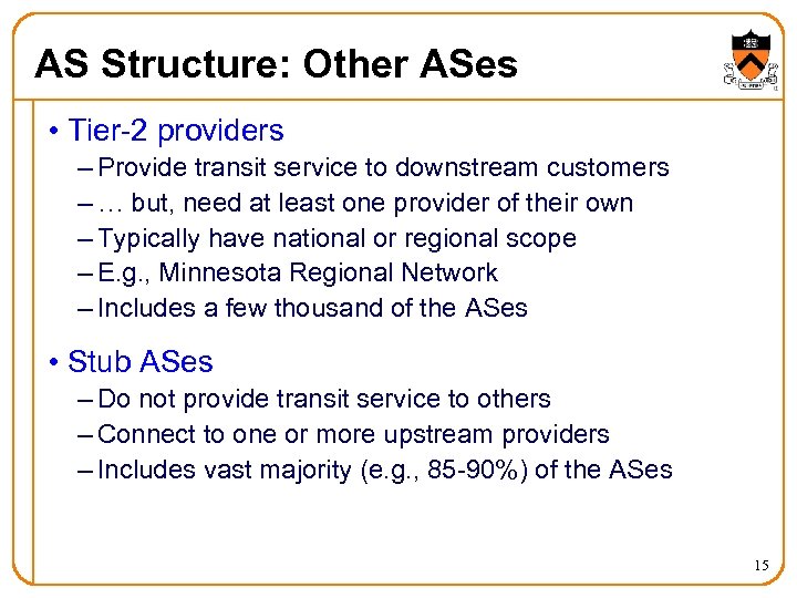AS Structure: Other ASes • Tier-2 providers – Provide transit service to downstream customers