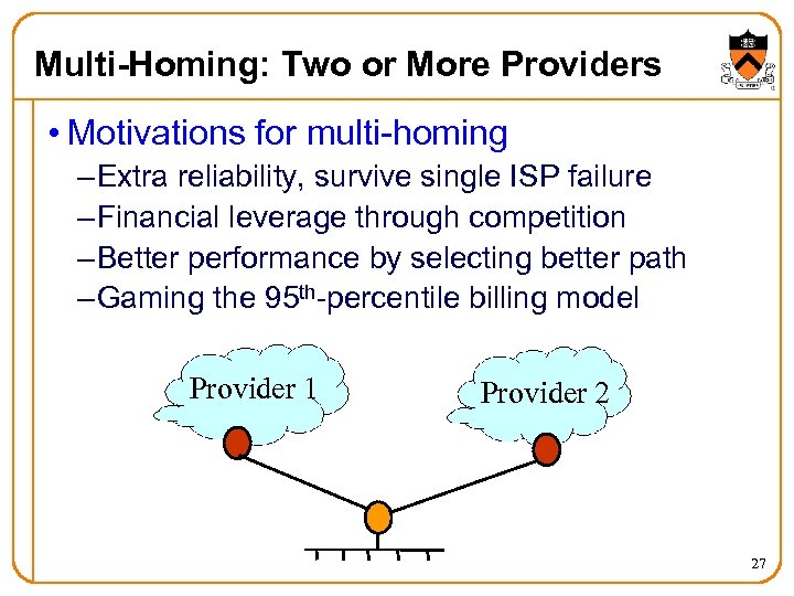 Multi-Homing: Two or More Providers • Motivations for multi-homing – Extra reliability, survive single
