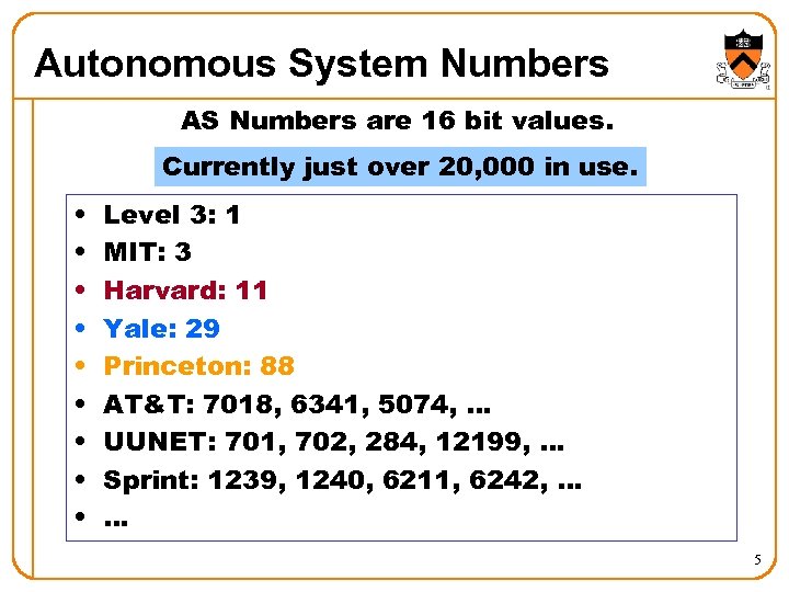 Autonomous System Numbers AS Numbers are 16 bit values. Currently just over 20, 000