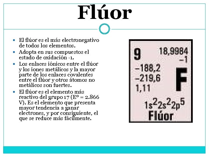Flúor El flúor es el más electronegativo de todos los elementos. Adopta en sus