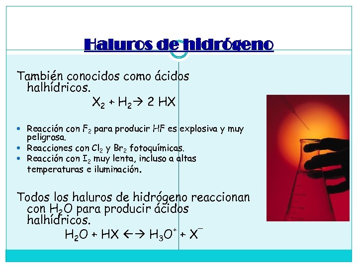 Haluros de hidrógeno También conocidos como ácidos halhídricos. X 2 + H 2 2