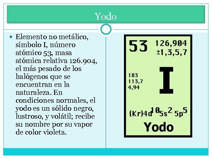Yodo Elemento no metálico, símbolo I, número atómico 53, masa atómica relativa 126. 904,