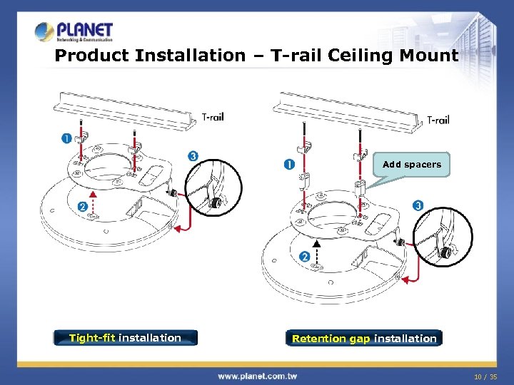 Product Installation – T-rail Ceiling Mount Add spacers Tight-fit installation Retention gap installation 10