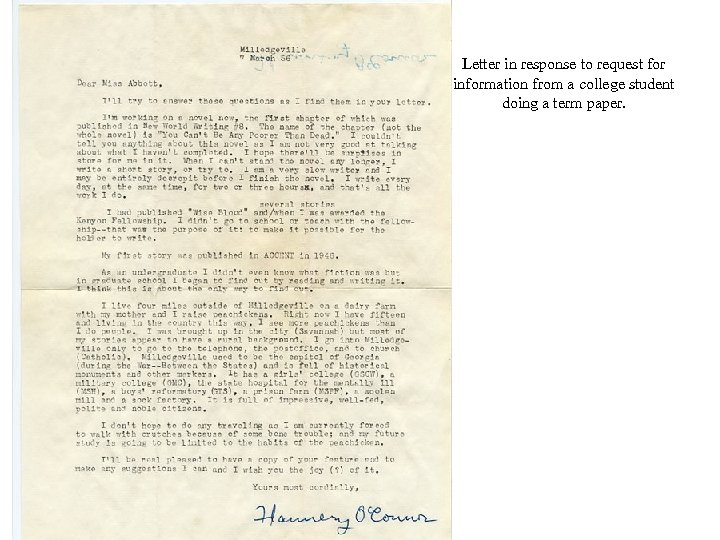 Letter in response to request for information from a college student doing a term