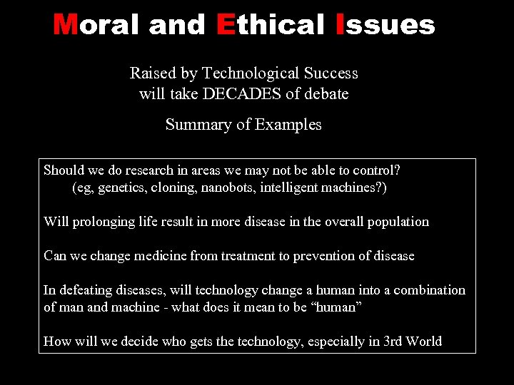 Moral and Ethical Issues Raised by Technological Success will take DECADES of debate Summary