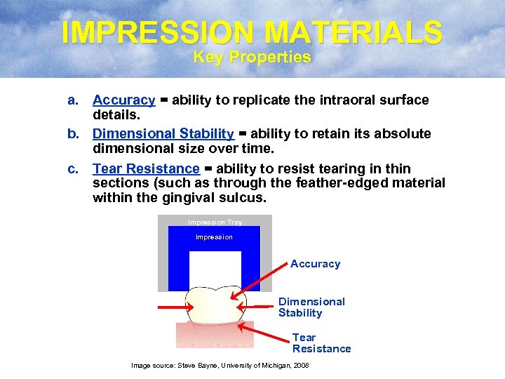 IMPRESSION MATERIALS Key Properties a. Accuracy = ability to replicate the intraoral surface details.