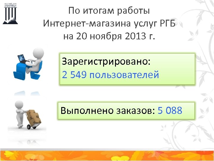 По итогам работы Интернет-магазина услуг РГБ на 20 ноября 2013 г. Зарегистрировано: 2 549