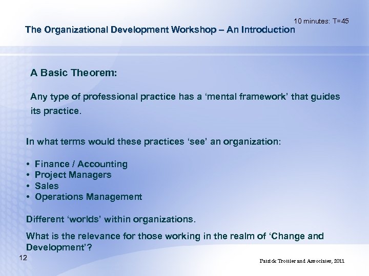 10 minutes: T=45 The Organizational Development Workshop – An Introduction A Basic Theorem: Any