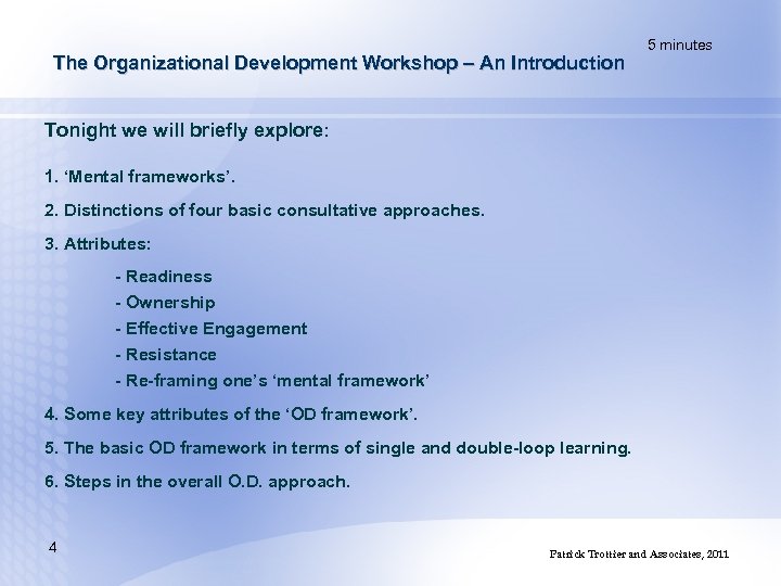 The Organizational Development Workshop – An Introduction 5 minutes Tonight we will briefly explore: