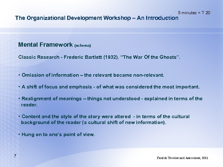 5 minutes = T 20 The Organizational Development Workshop – An Introduction Mental Framework